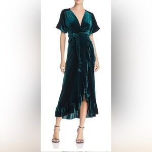 Misa Los Angeles Emerald Green Velvet “Selina” Midi Ankle Length Wrap Dress XS